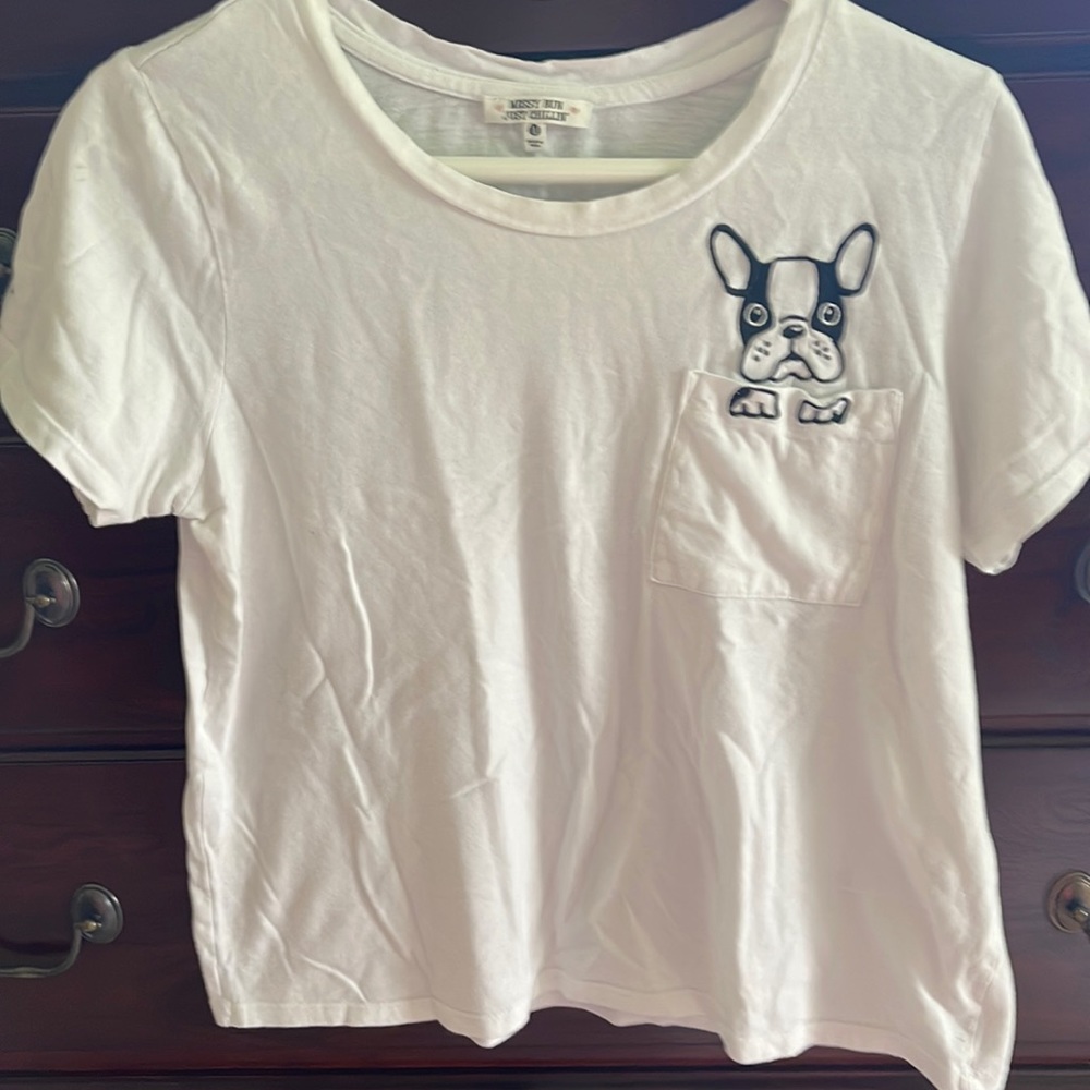 Messy Bun Just Chillin white shirt sleeve tee shirt with dog size M.